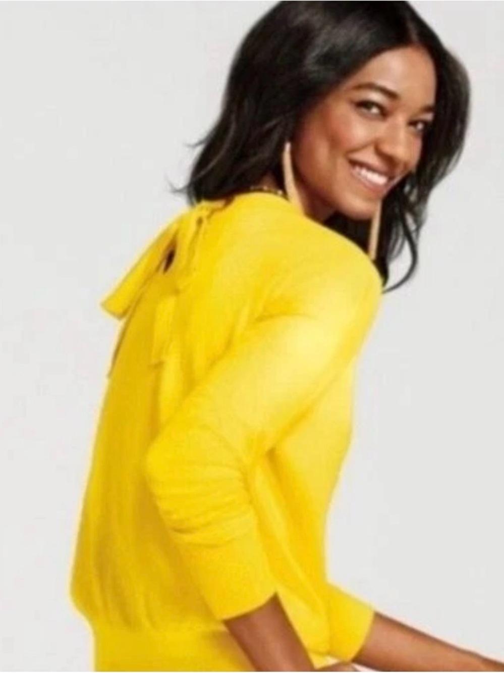 Cabi 5281 Canary Pullover Sweater Womens Small Yellow V Neck Tie Back Bow